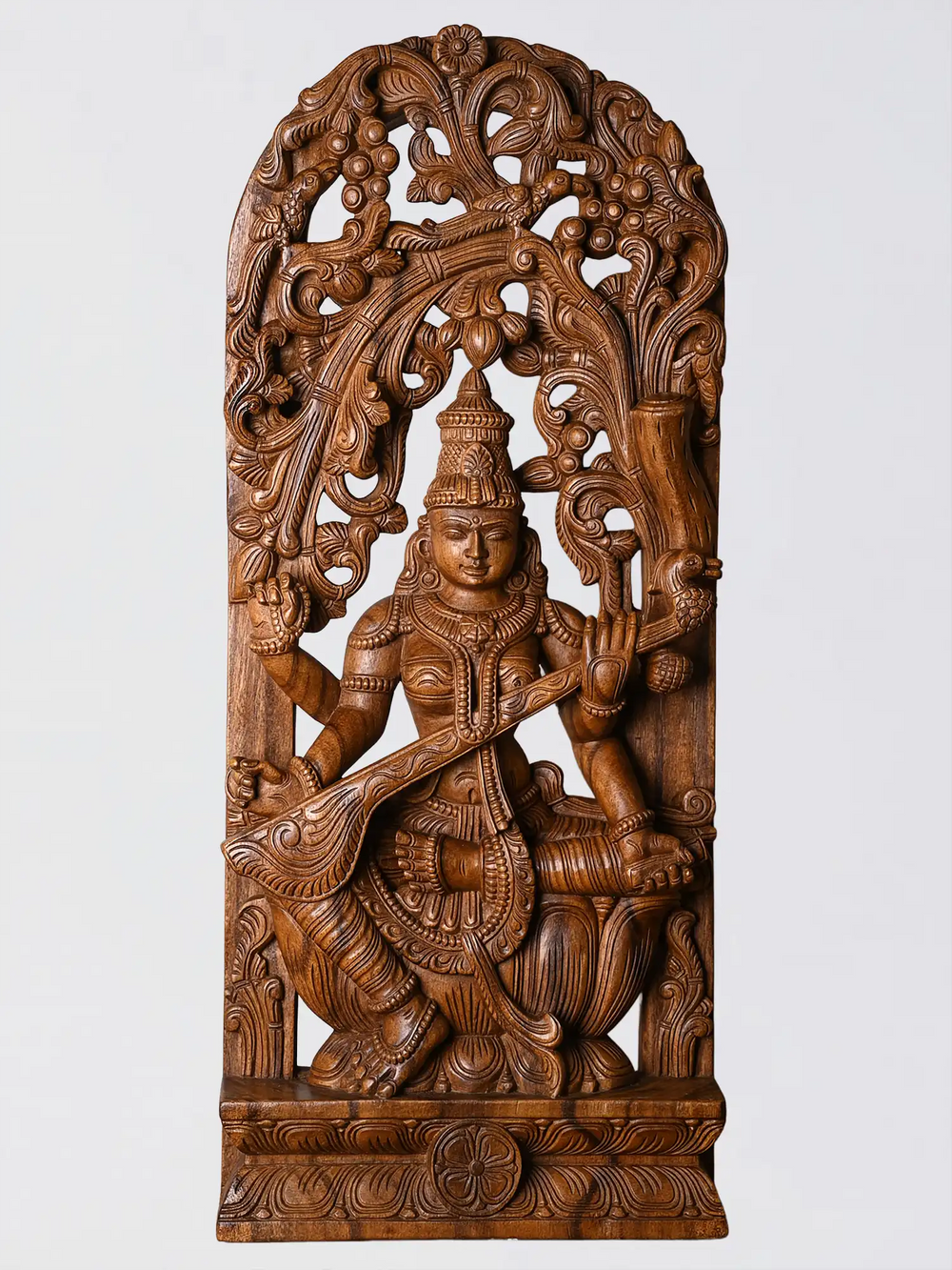 wood carving decor Saraswathi wall hanging, wooden statues India for home decor and pooja