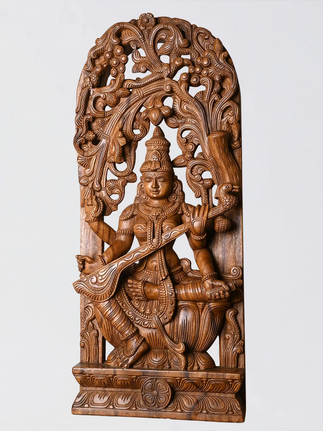 Wood carved Saraswathi wall panel side view, wooden wall sculptures and wood craft products India