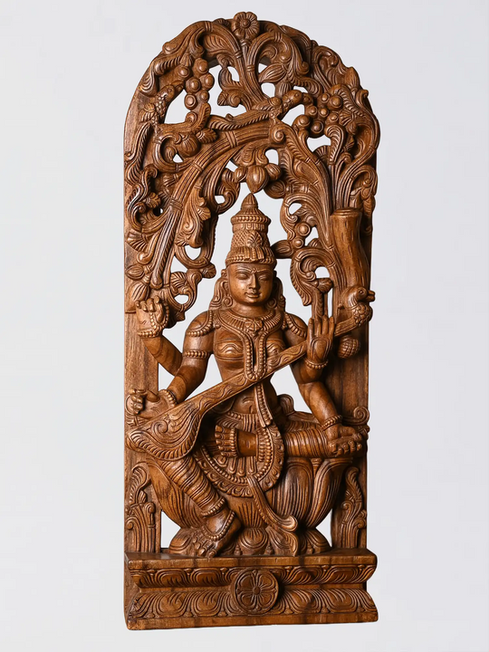 Wood carved Saraswathi wall panel side view, wooden wall sculptures and wood craft products India