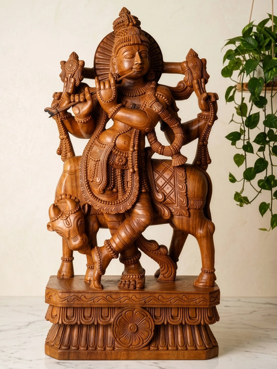 wooden Krishna idol handmade wood carving statue decorative handicraft
