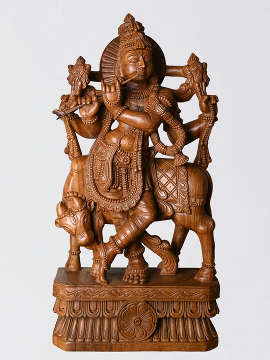 wooden god Krishna statue detailed carving wooden decorative piece