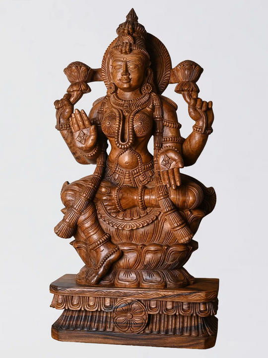 South Indian Wooden Lakshmi Idol Temple Style Deep Carving Handmade 36 inch