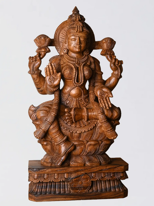 South Indian Wooden Lakshmi Idol Temple Style Deep Carving Handmade 36 inch