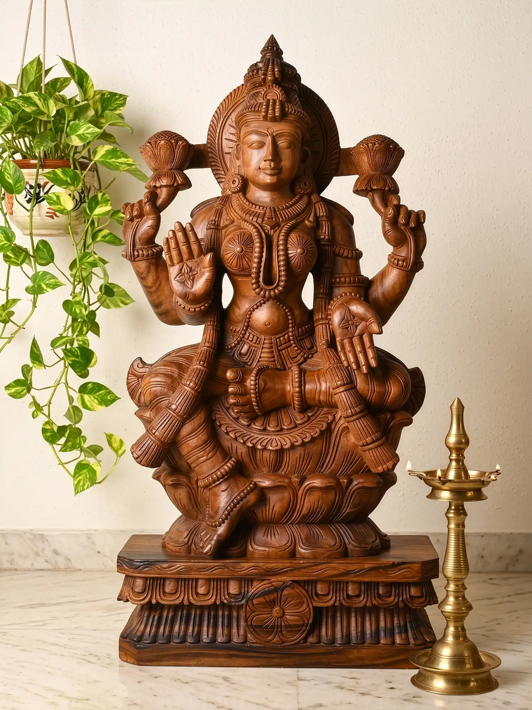 wooden Lakshmi goddess statue handmade wood carving giftware India