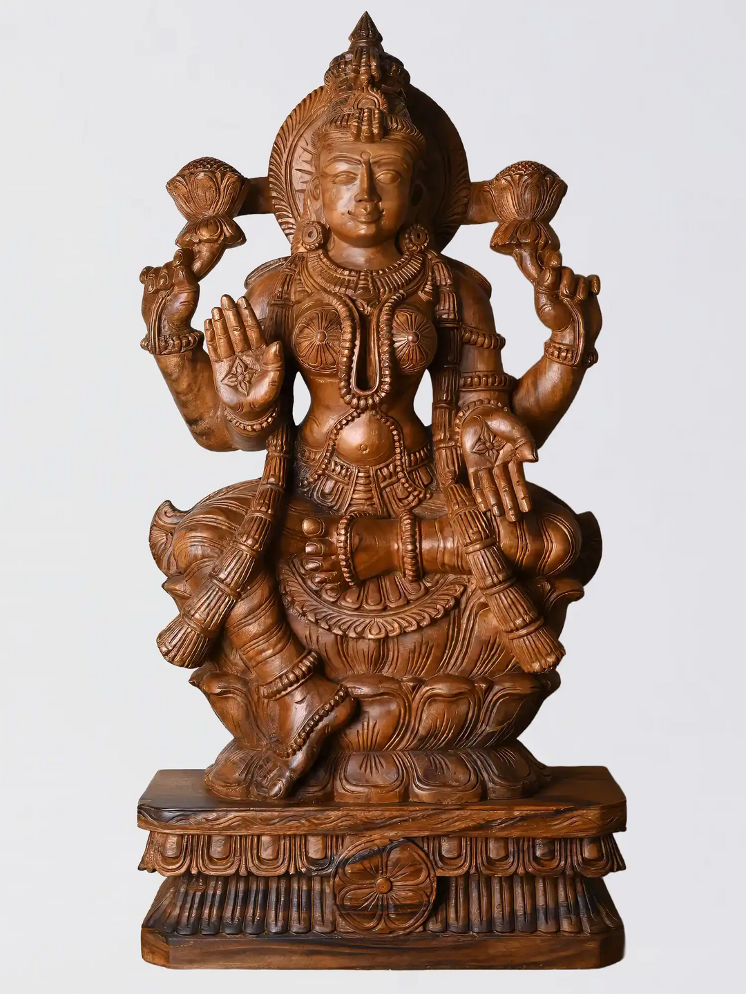 premium wooden Lakshmi idol detailed carving handicraft for pooja decor