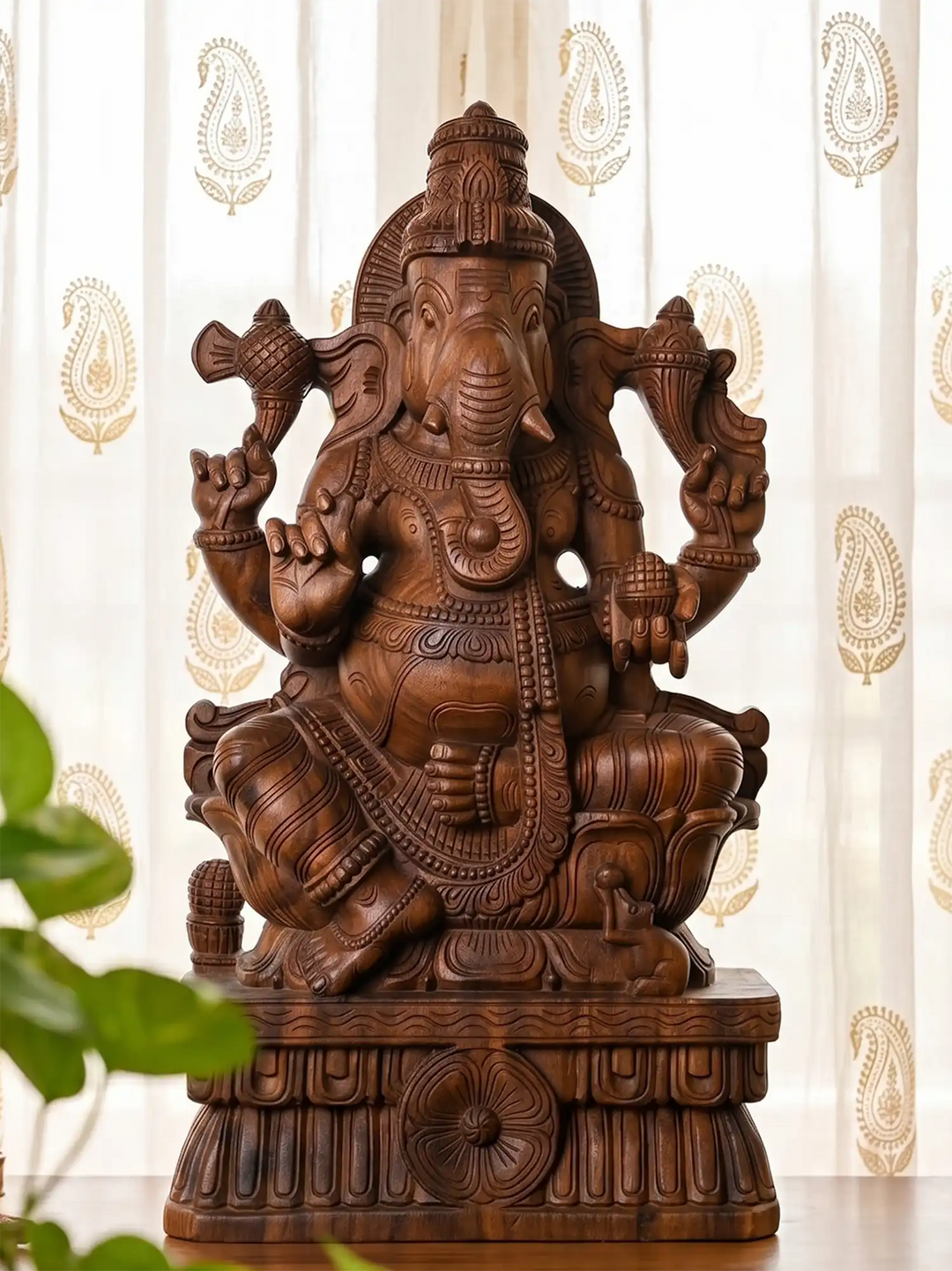 24" wooden Ganesha statue for home decor India 