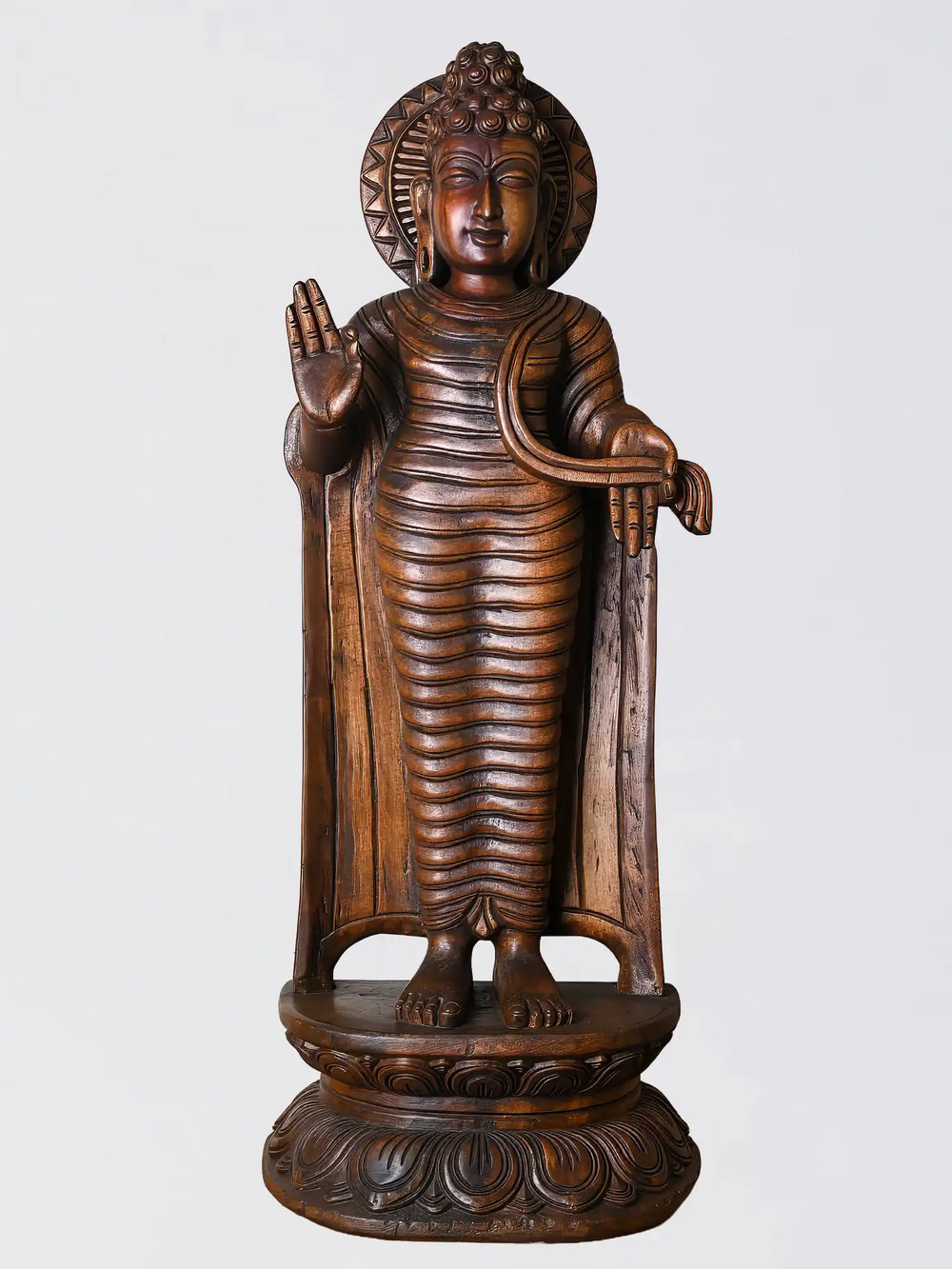 hand carved wooden Buddha idol front view