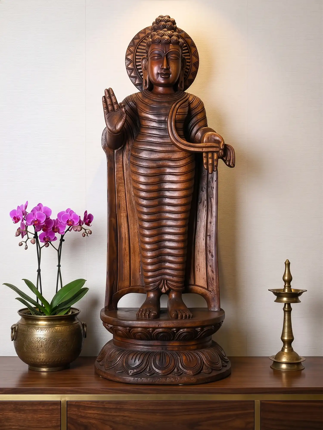 hand carved wooden Buddha idol front view
