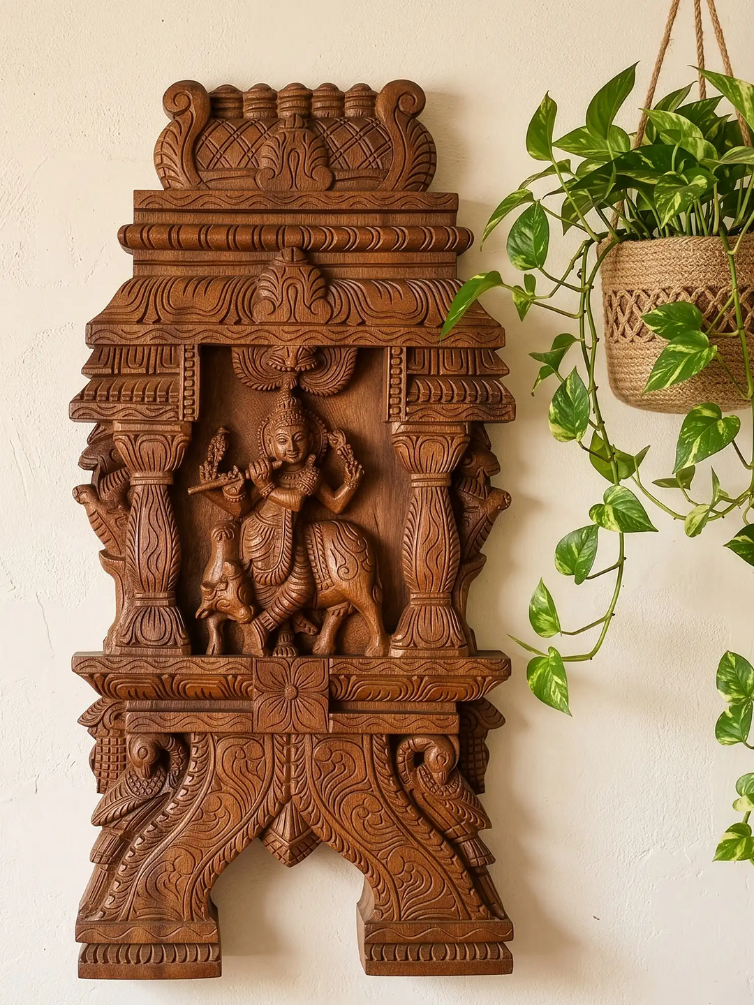 Wooden Krishna kavadi wall hanging traditional temple wood carving