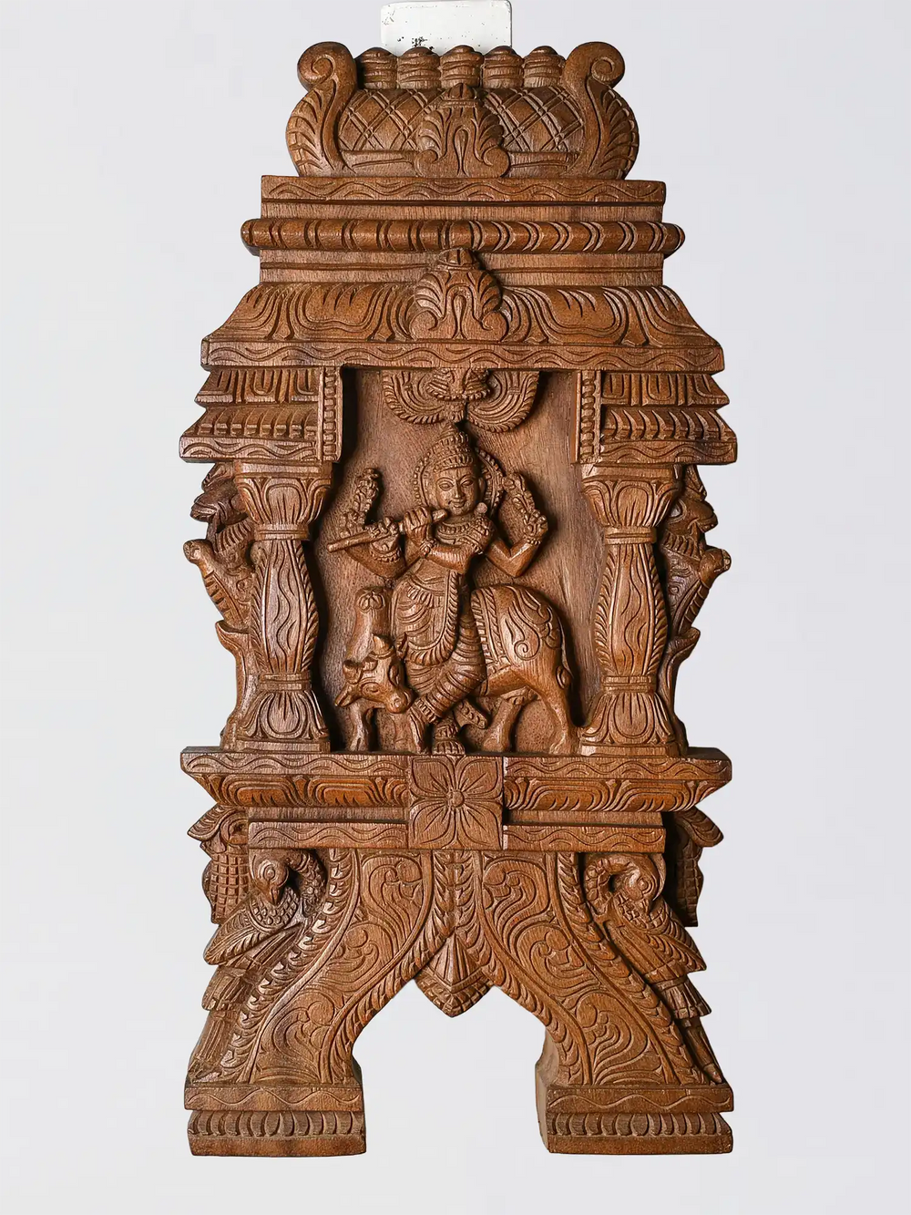 Handmade wooden Krishna wall mount detailed Indian handicraft decor