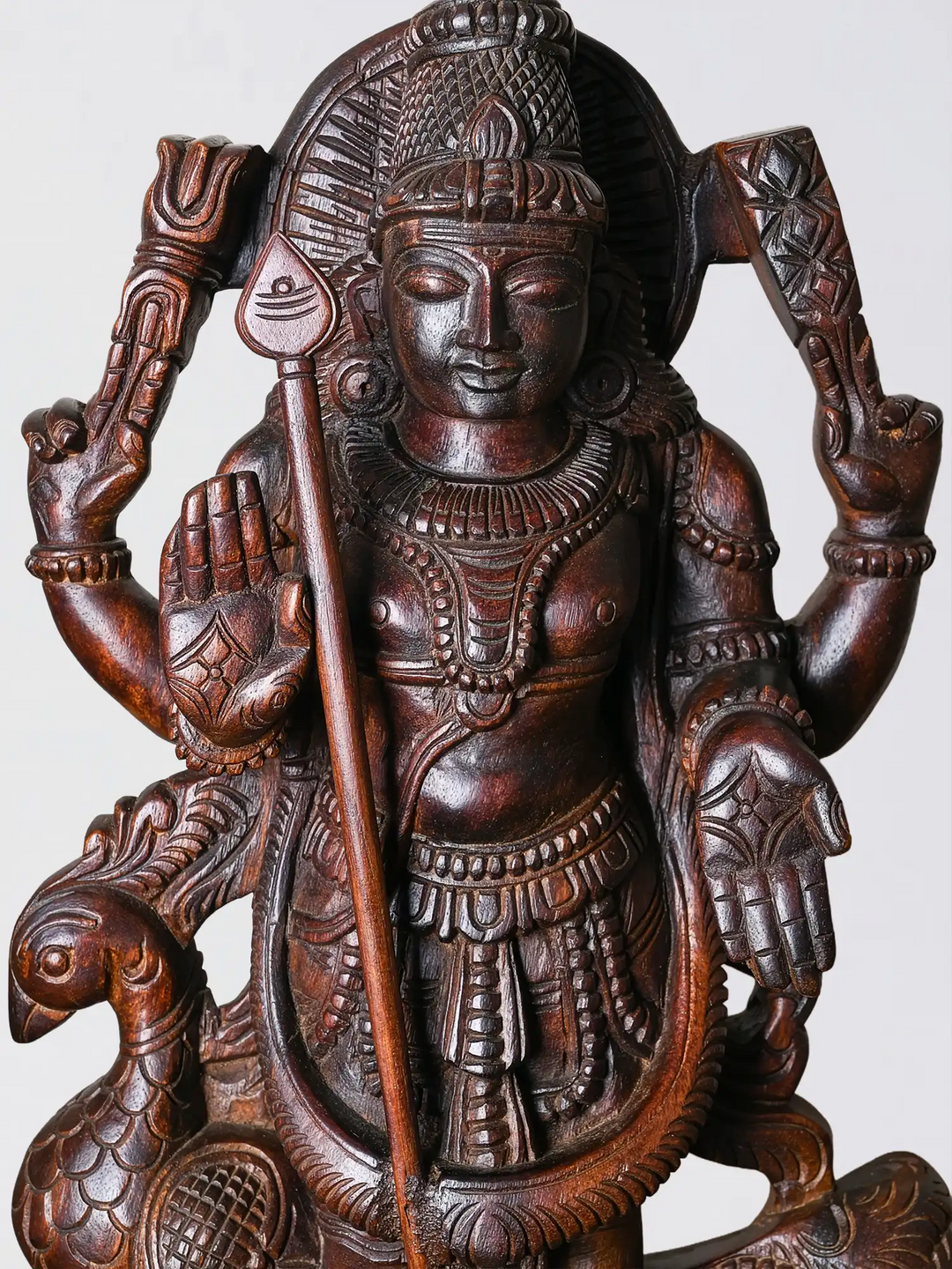 Wooden Murugar statue for pooja room decor with peacock