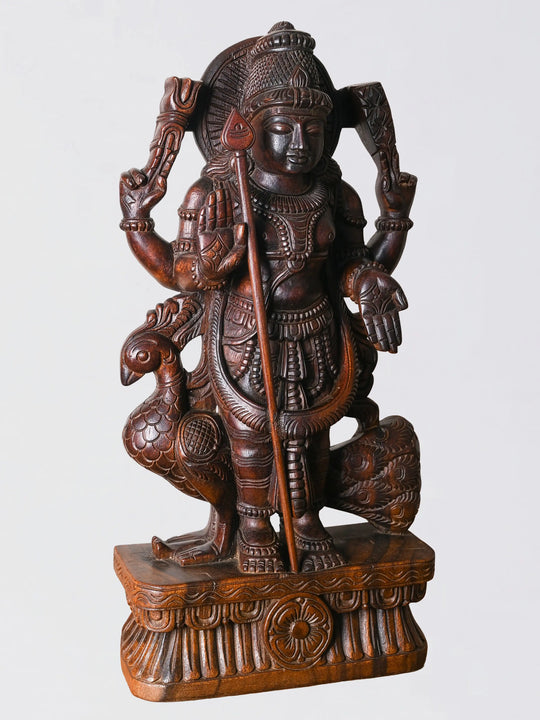 Lord Murugan wooden idol 24 inch traditional carving India