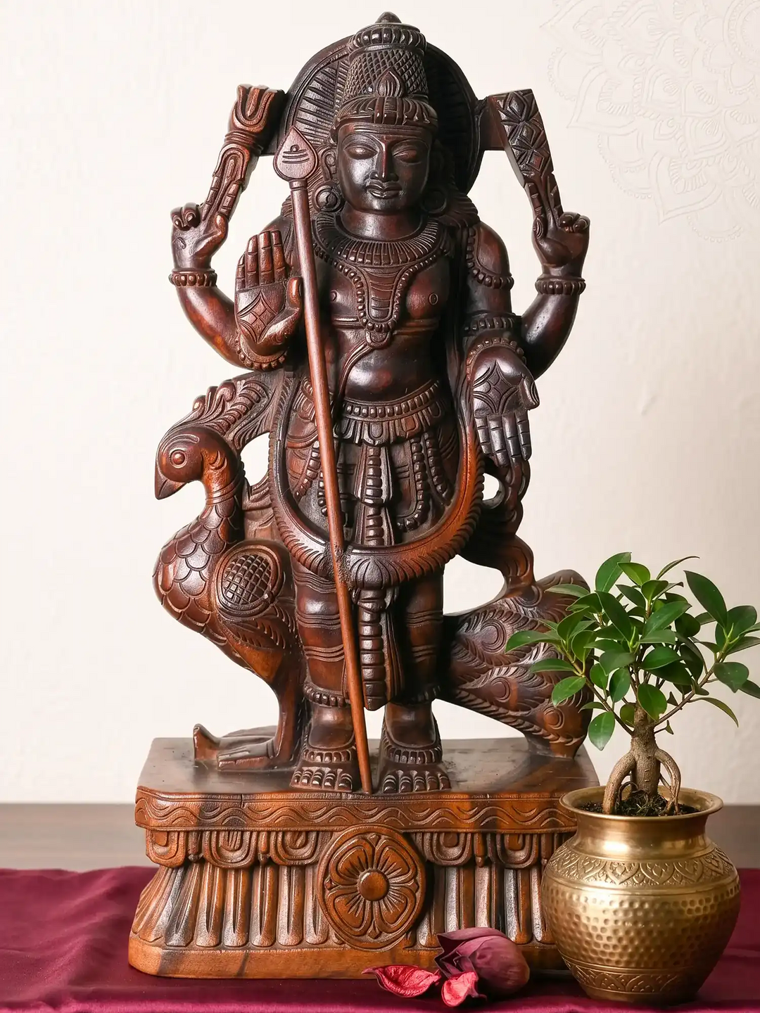 24 inch Murugar wooden statue with peacock handmade wood carving idol