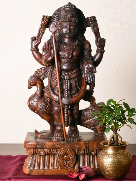 24 inch Murugar wooden statue with peacock handmade wood carving idol