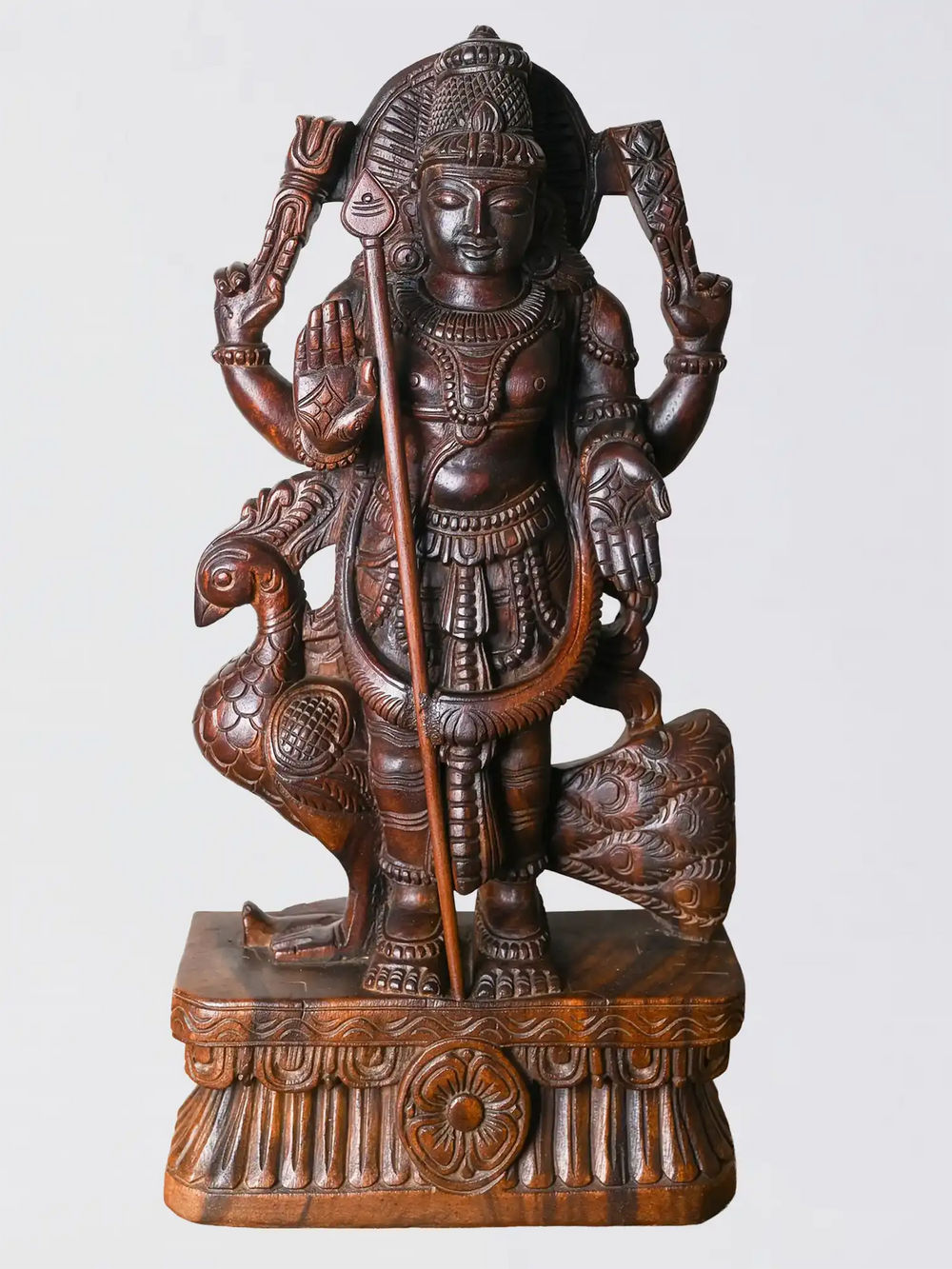 24 inch Murugar wooden statue with peacock handmade wood carving idol