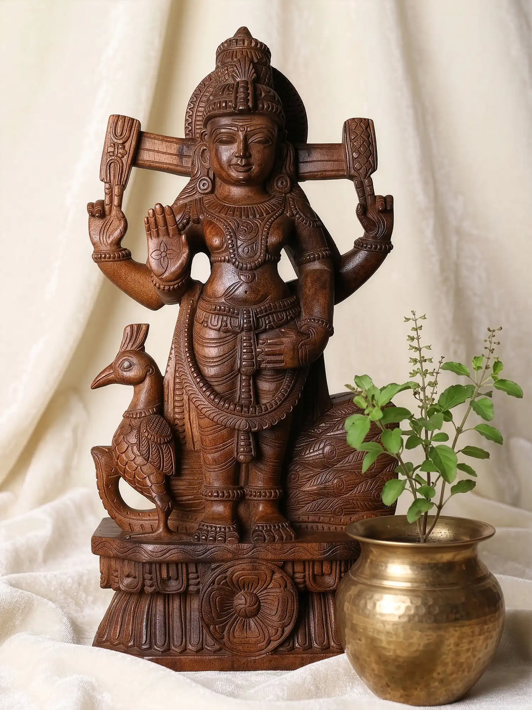 Wooden Murugan statue with peacock 24 inch traditional wood carving