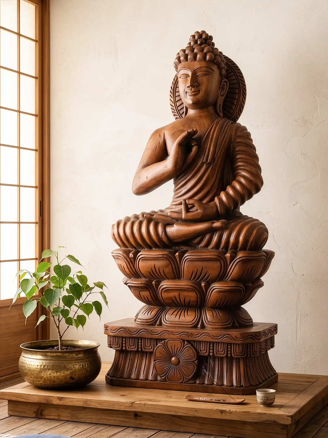 Wooden Buddha statue hand carved meditation pose