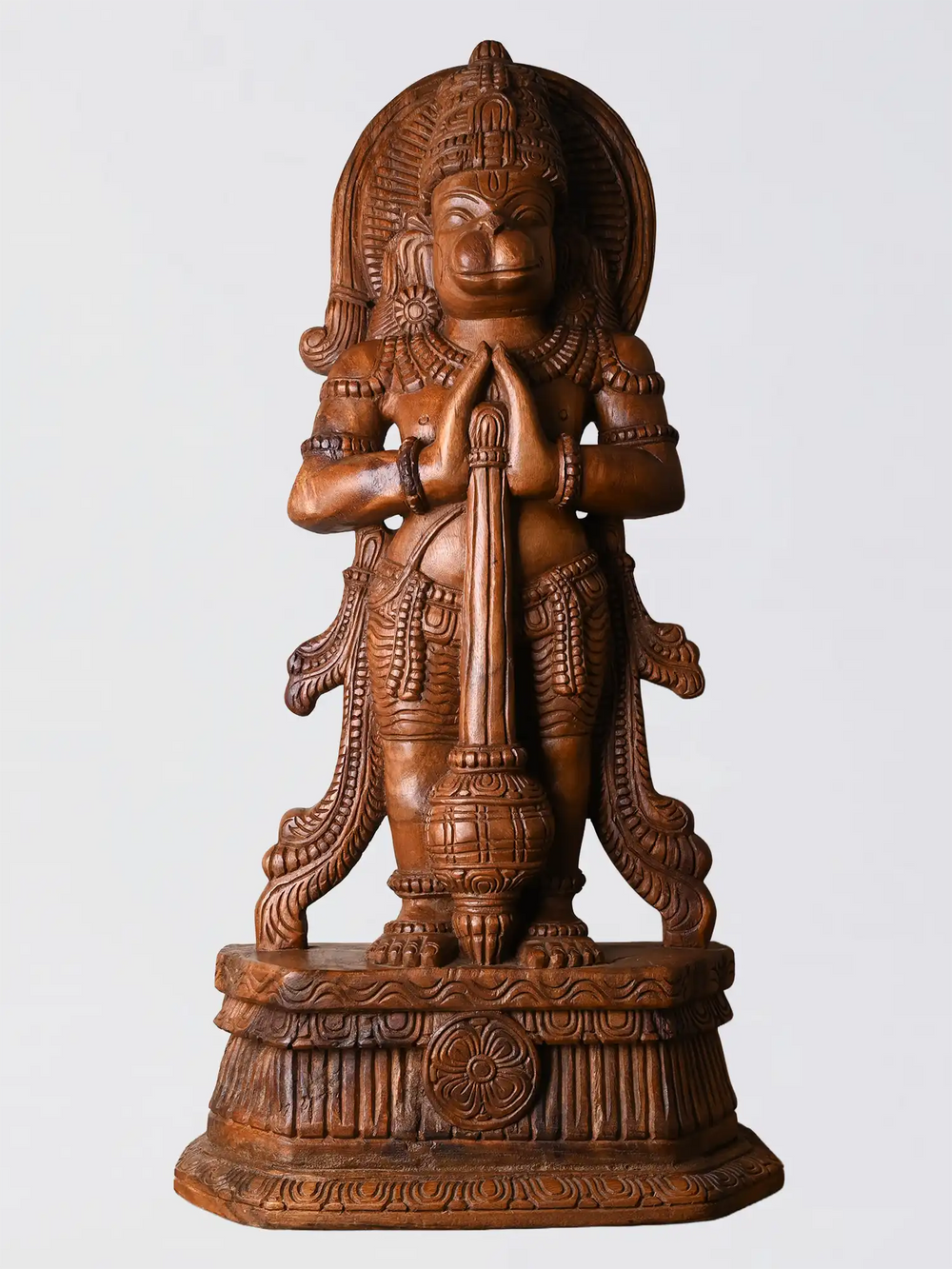wooden hanuman idol standing prayer pose handcrafted sculpture