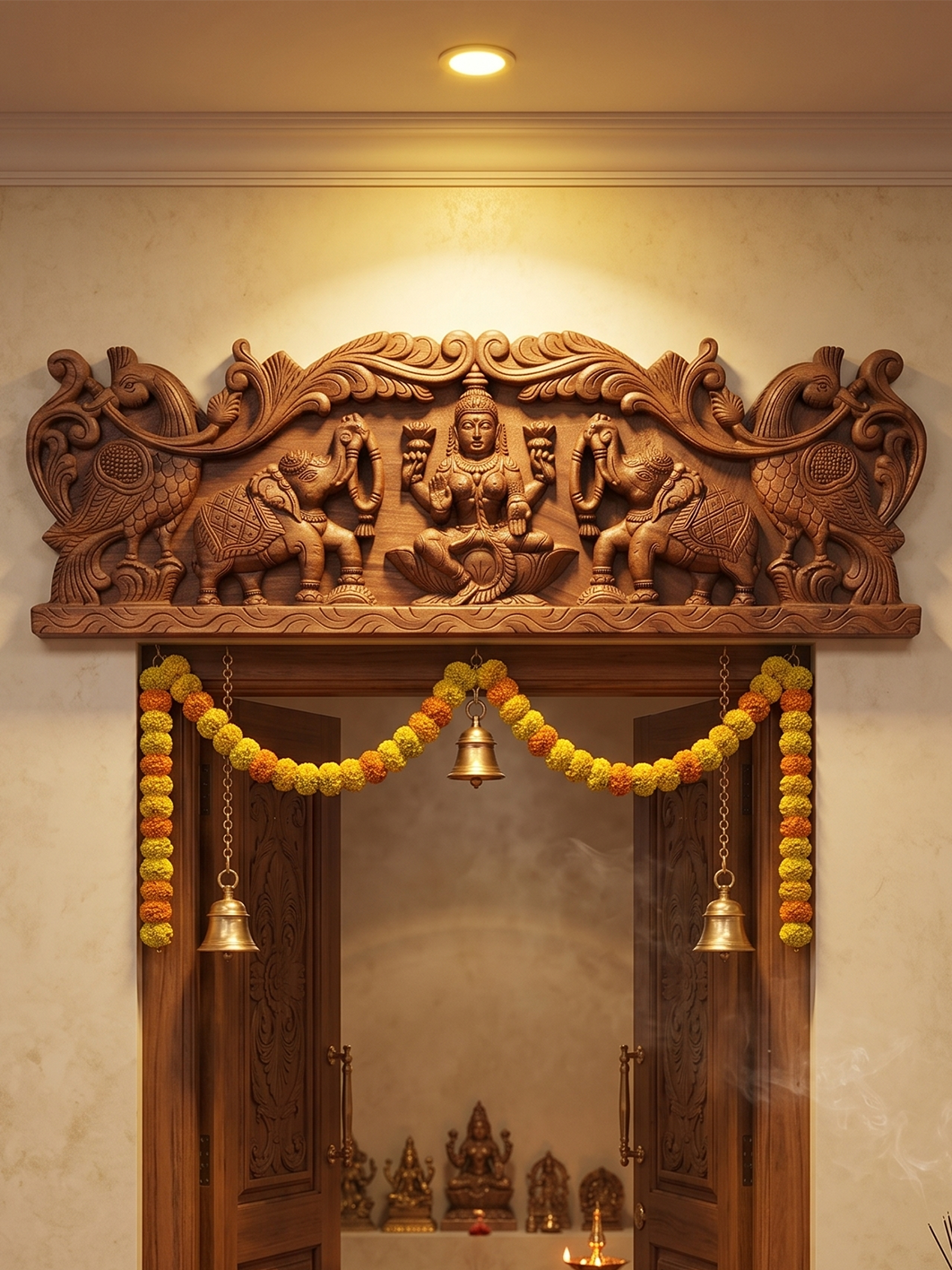 Handcrafted Gajalakshmi wooden panel with twin elephants