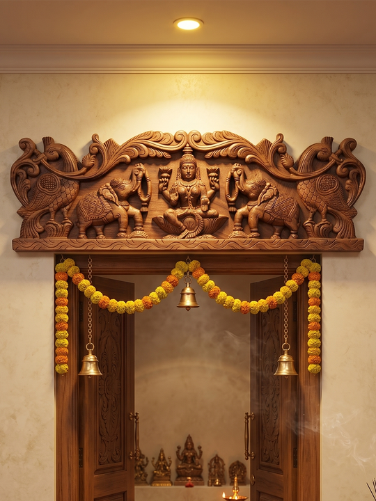 Handcrafted Gajalakshmi wooden panel with twin elephants
