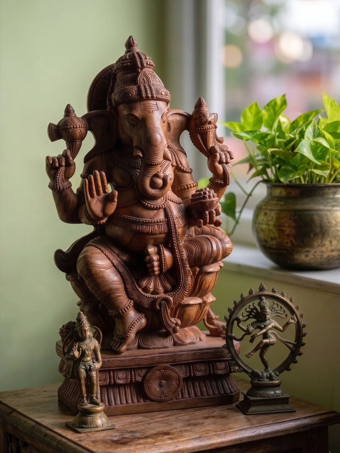 Handcarved wooden seating one lotus pedestal