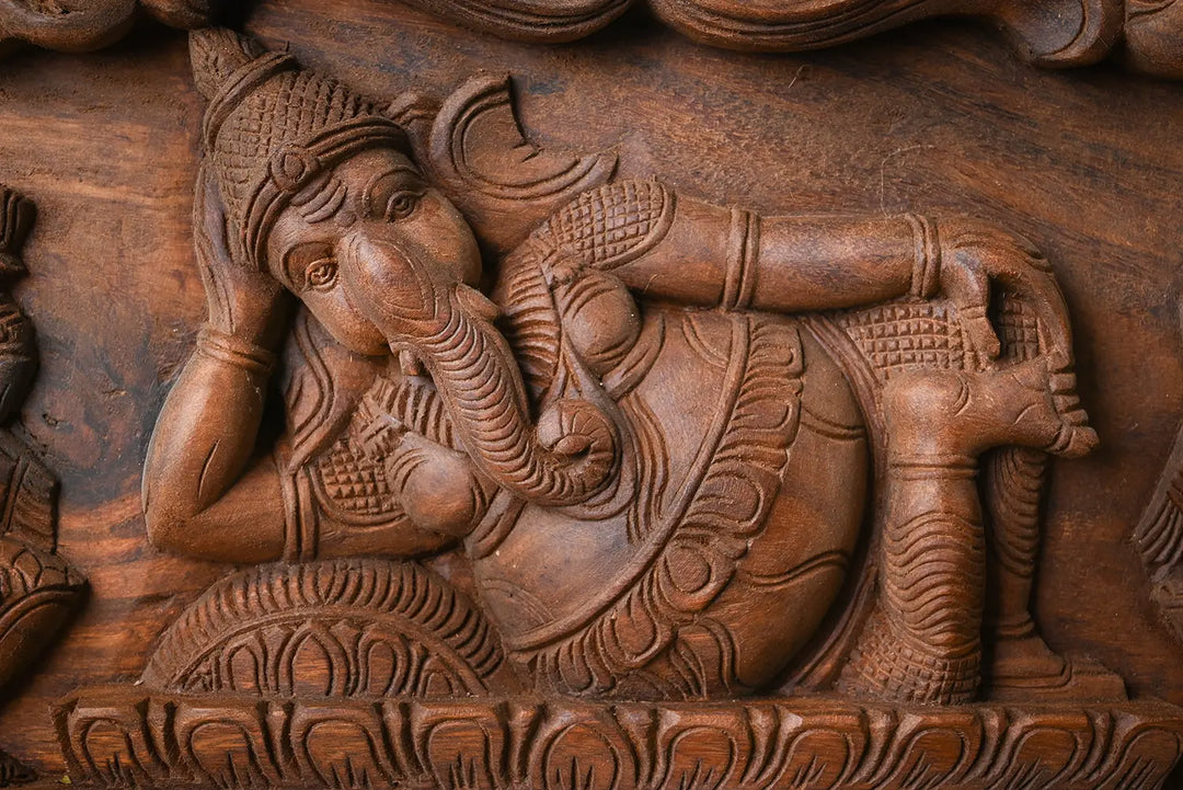 Resting Ganesha with Goddess Lakshmi and saraswathi - Wooden Wall panal.36''