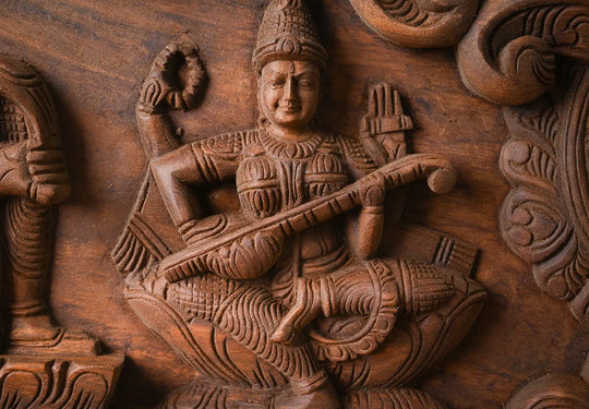 Resting Ganesha with Goddess Lakshmi and saraswathi - Wooden Wall panal.36''