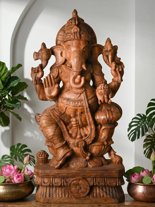 Wooden Ganesh idol with lotus base carving