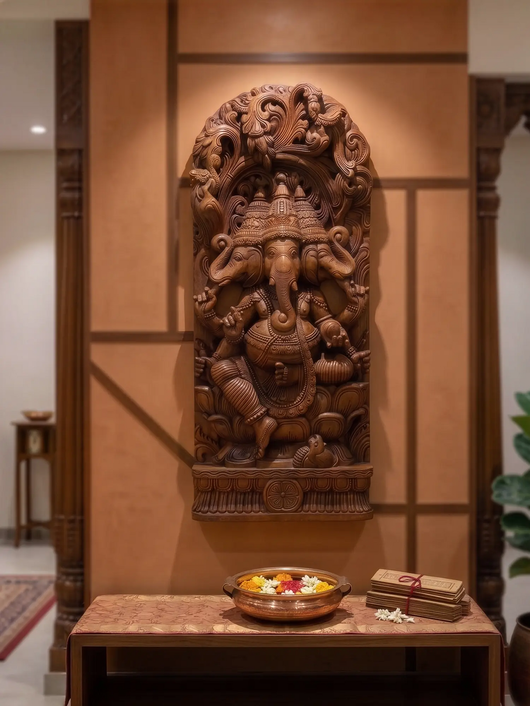 Hand carved three face Ganesha wooden wall mount with jolly work design