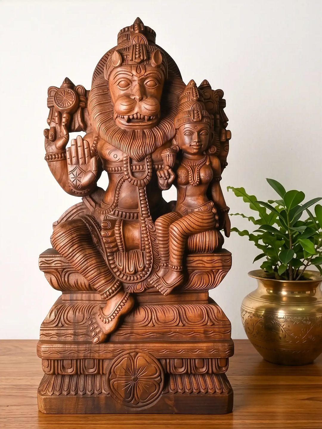 Wooden Vishnu avatar Narasimha carving with Devi figure