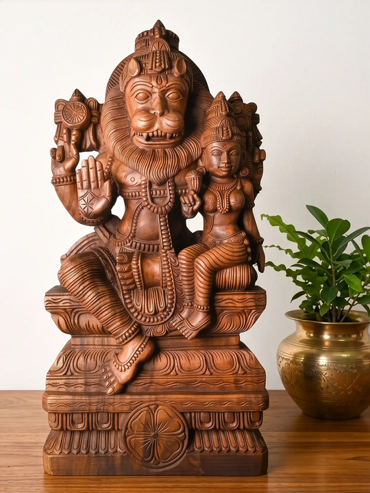 Wooden Vishnu avatar Narasimha carving with Devi figure