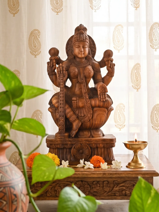 Handcrafted wooden Mahalakshmi statue for wealth and prosperity