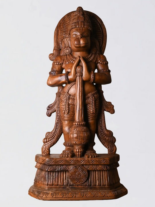 wooden hanuman idol standing prayer pose handcrafted sculpture