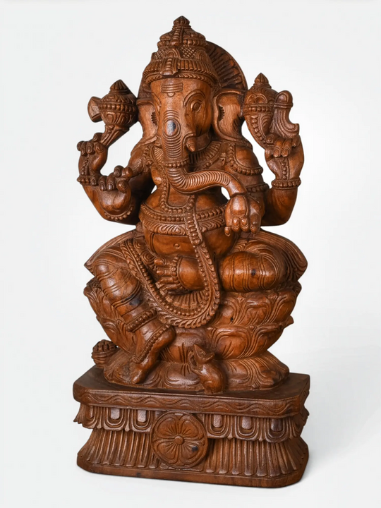 Traditional wooden Ganpati statue on lotus base for vastu and gifting