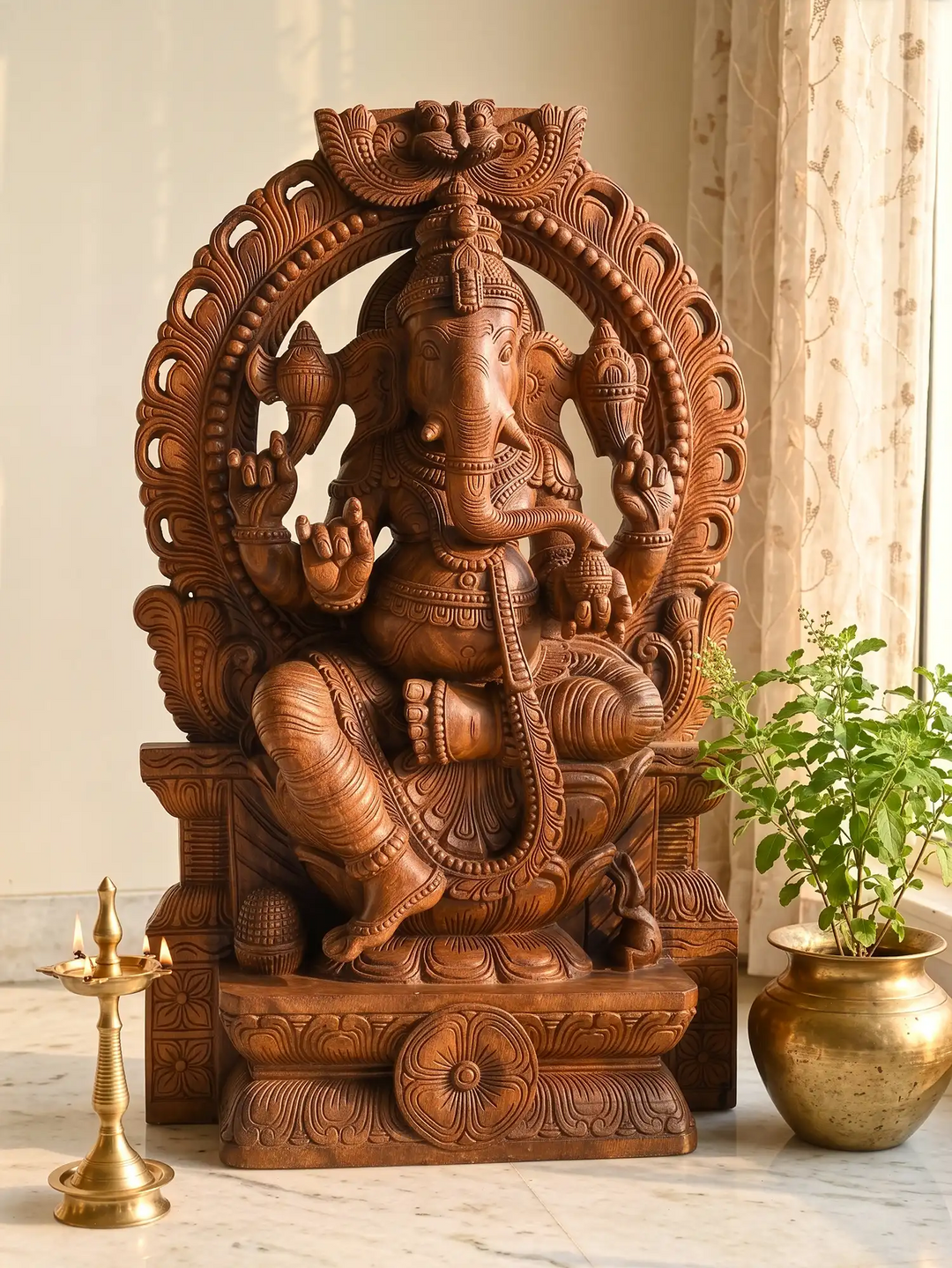 Divine Wooden Handmade Ganapathi Moorthi  Statue for Wealth & Prosperity 36"