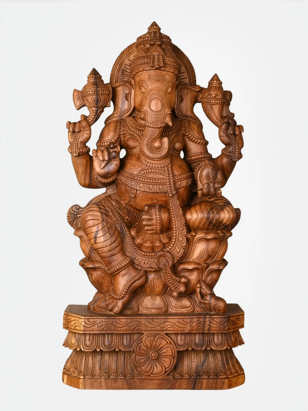 Wooden Ganapati Sculpture with Detailed Crown Carving