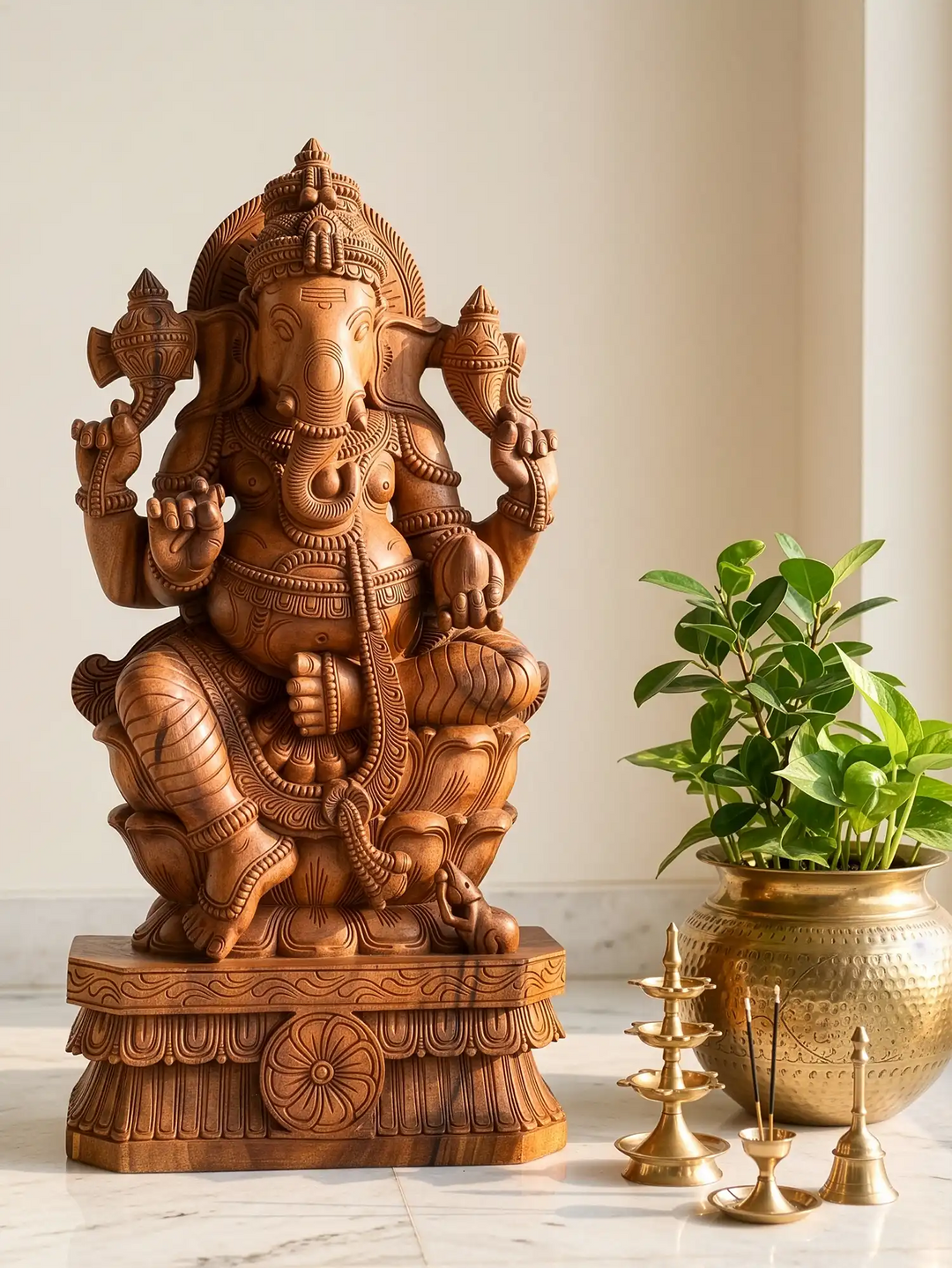 Wooden Ganapati Sculpture with Detailed Crown Carvin