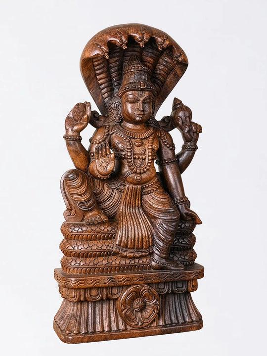 Handcrafted Wooden Lord Vishnu Statue with Adisesha | Traditional Hindu God Idol 24"