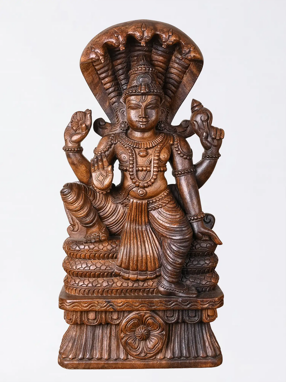 Handcrafted Wooden Lord Vishnu Statue with Adisesha | Traditional Hindu God Idol 24"