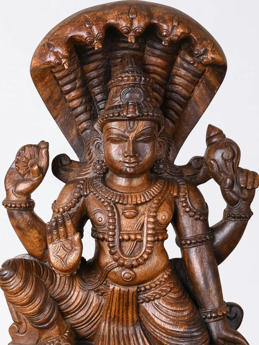 Handcrafted Wooden Lord Vishnu Statue with Adisesha | Traditional Hindu God Idol 24"