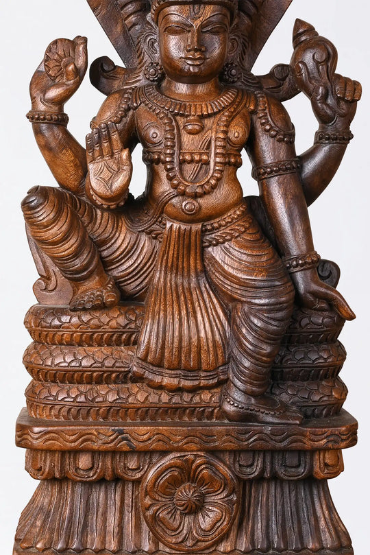 Handcrafted Wooden Lord Vishnu Statue with Adisesha | Traditional Hindu God Idol 24"