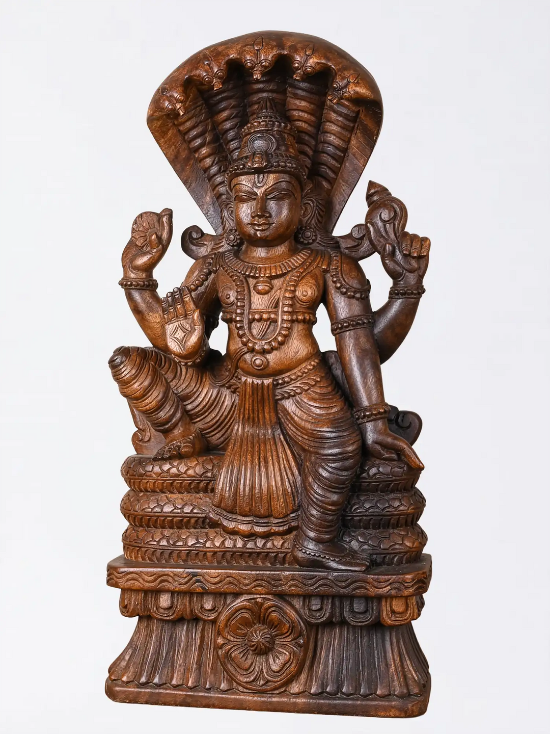 Handcrafted Wooden Lord Vishnu Statue with Adisesha | Traditional Hindu God Idol 24"