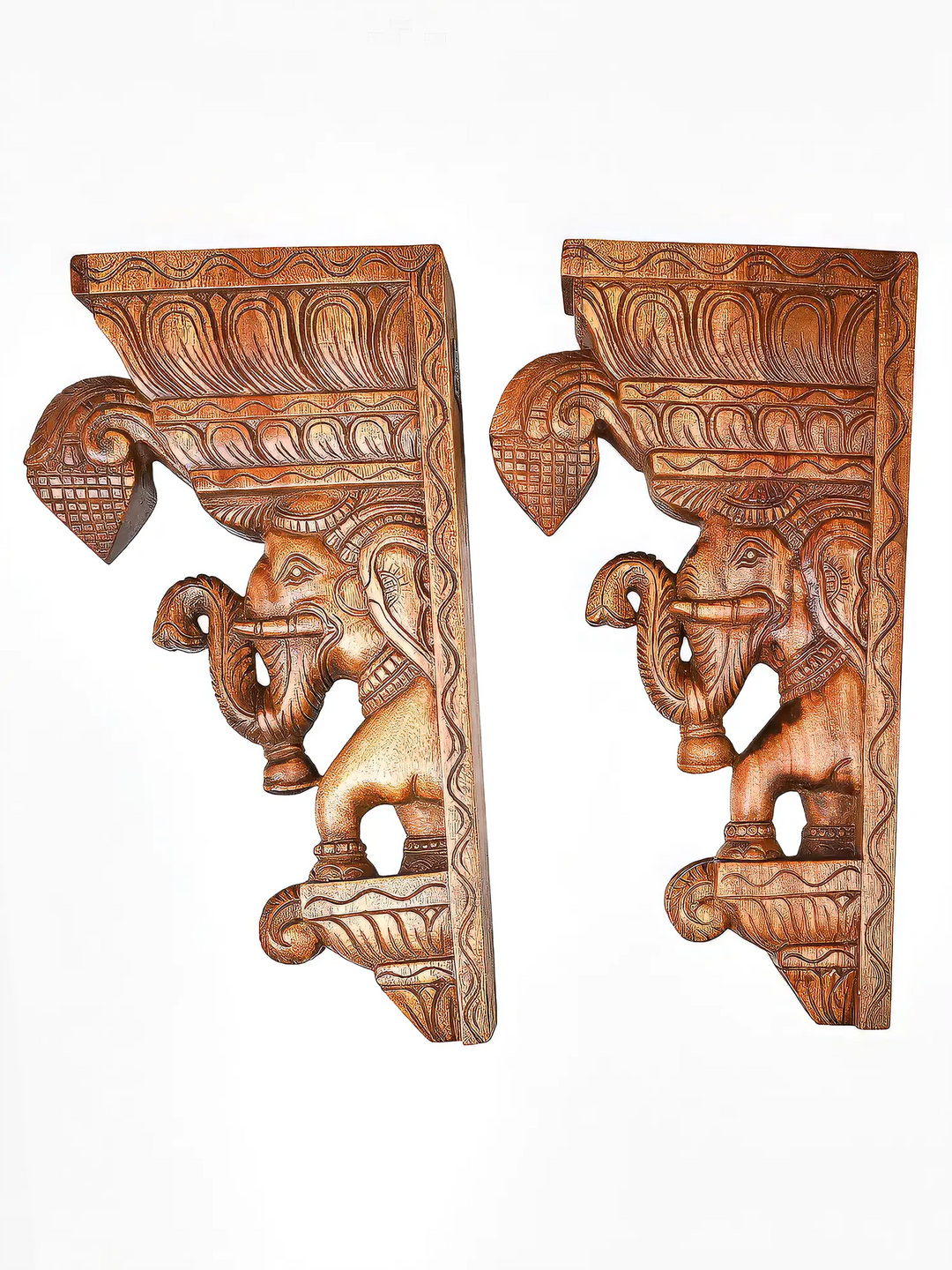 Intricately Carved Indian Wooden Elephant Bracket