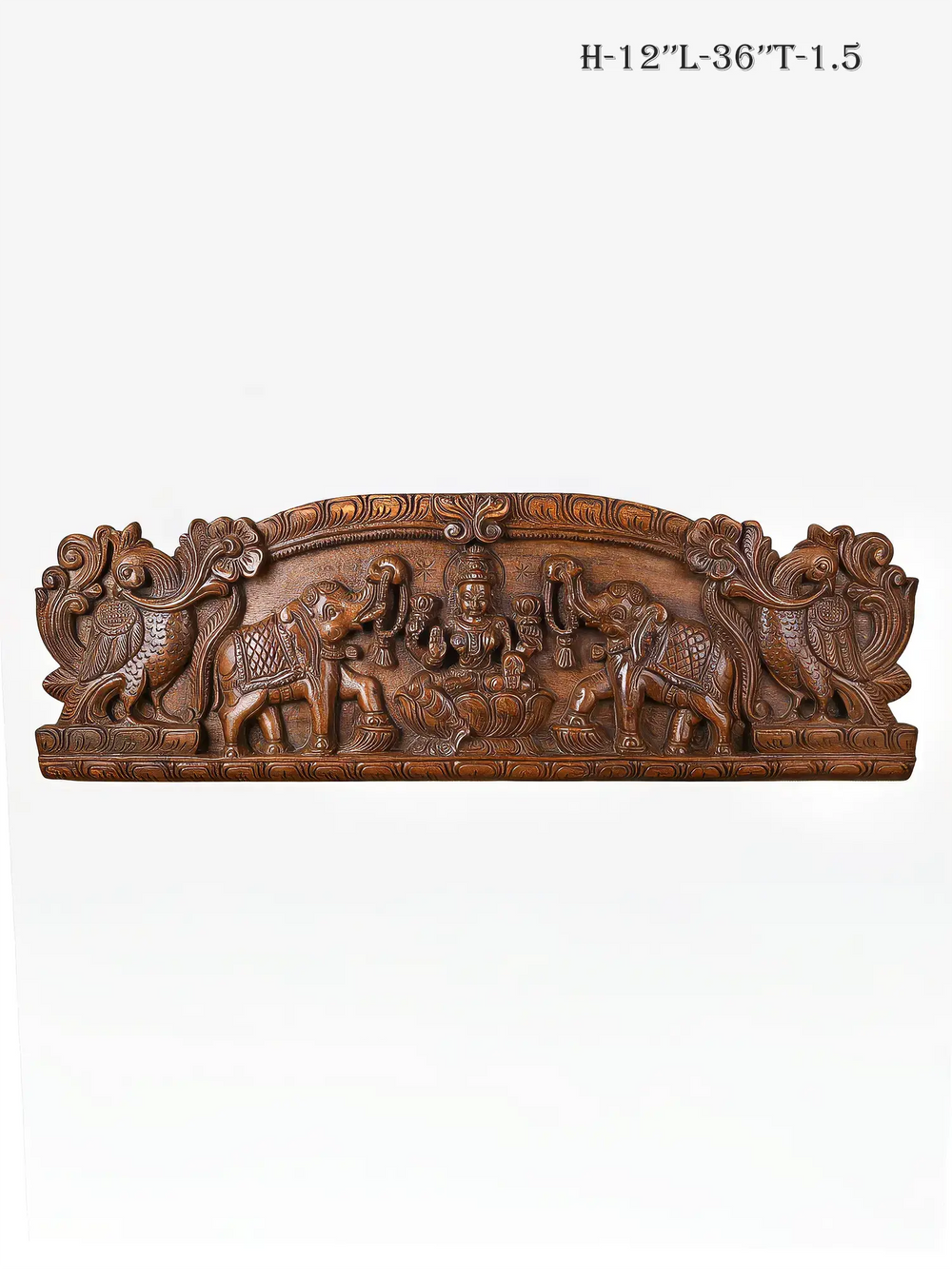 Handcrafted Gajalakshmi wooden wall panel with elephants