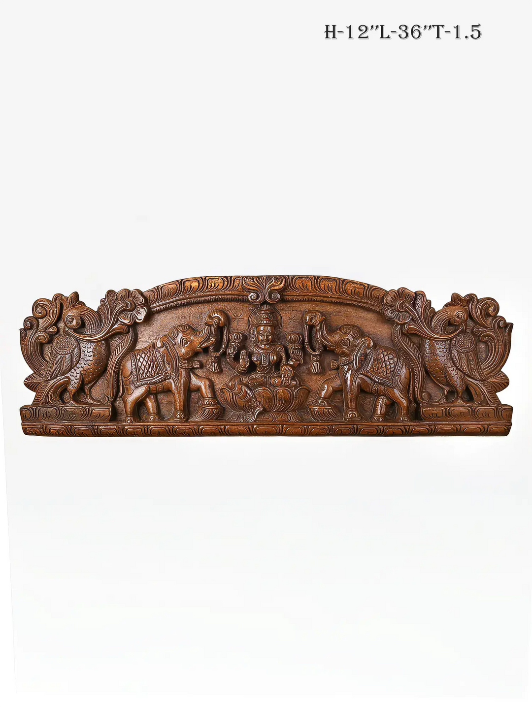 Handcrafted Gajalakshmi wooden wall panel with elephants