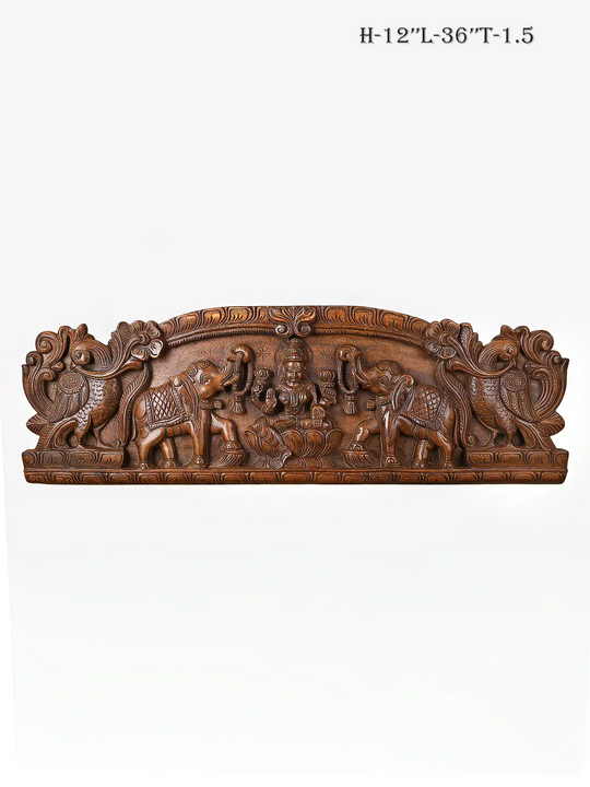 Handcrafted Gajalakshmi wooden wall panel with elephants