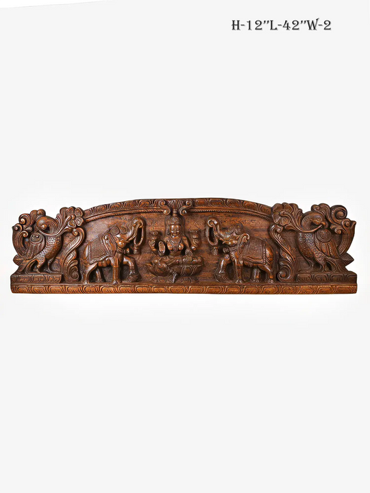Handcrafted Gajalakshmi wooden wall panel with elephants
