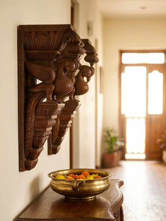 Antique Style Wooden Peacock Wall Brackets