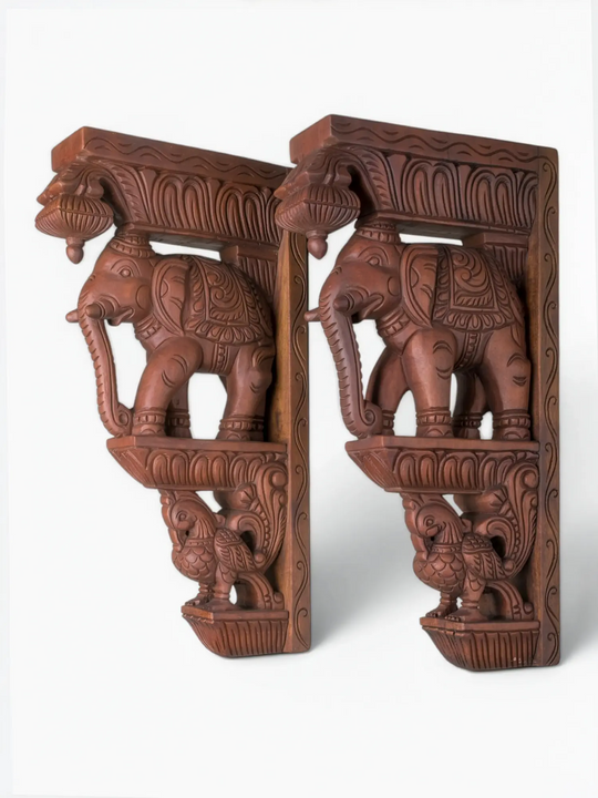 Handcrafted Elephant With Hamsa Corbels - Premium Wooden Wall Brackets 18''