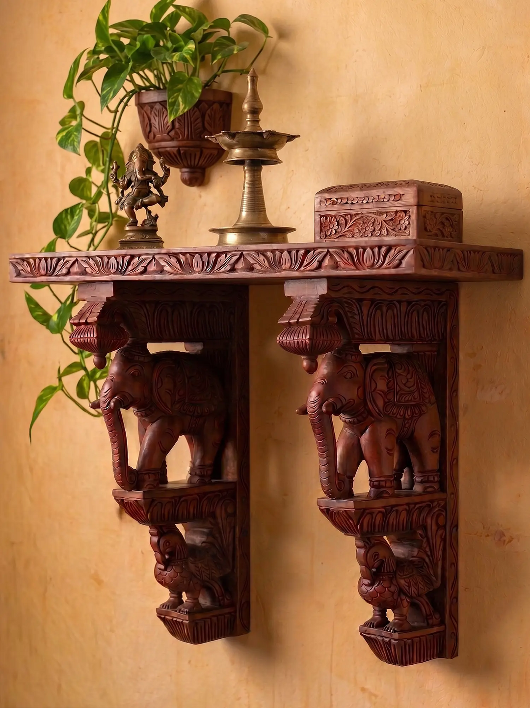 Handcrafted Elephant With Hamsa Corbels - Premium Wooden Wall Brackets 18''